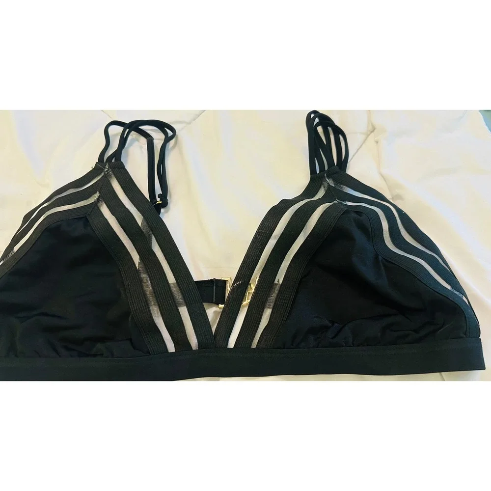 Beach Bunny Swimwear Bikini Top Black Triangle Gold Accent Strappy‎ XXL
